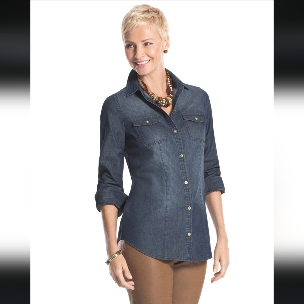 Chico's Dark Denim Button Down Shirt Size Small